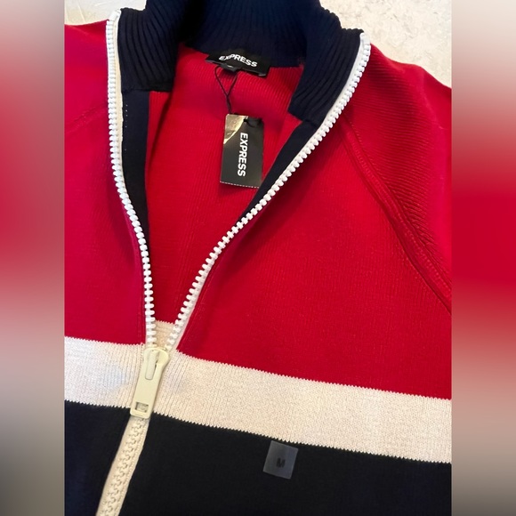 EXPRESS Cardigan Mock Turtle Neck Sweater Full Zipper Bold Red White Navy - Picture 2 of 12